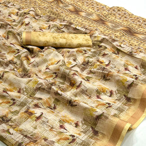 Light Yellow Floral Digital Printed Cotton Blend Saree With Woven Border