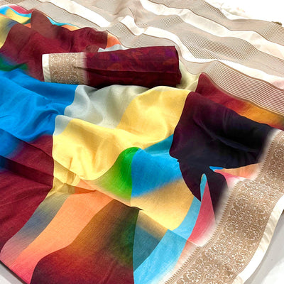 Multicolor Digital Printed Dola Silk Saree With Woven Border