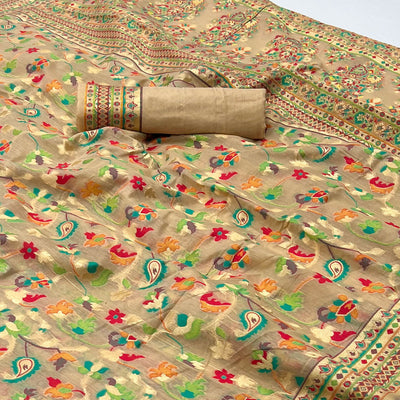 Chikoo Floral Woven Cotton Blend Saree
