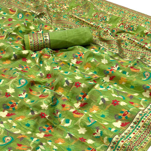 green-floral-woven-cotton-blend-saree-3