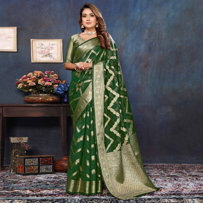 Bottle Green Flora Woven Organza Saree