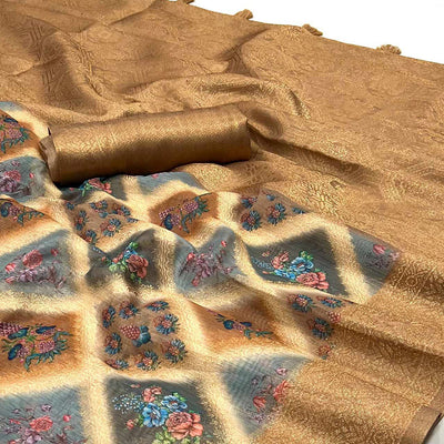 Brown Woven With Floral Digital Printed Cotton Saree