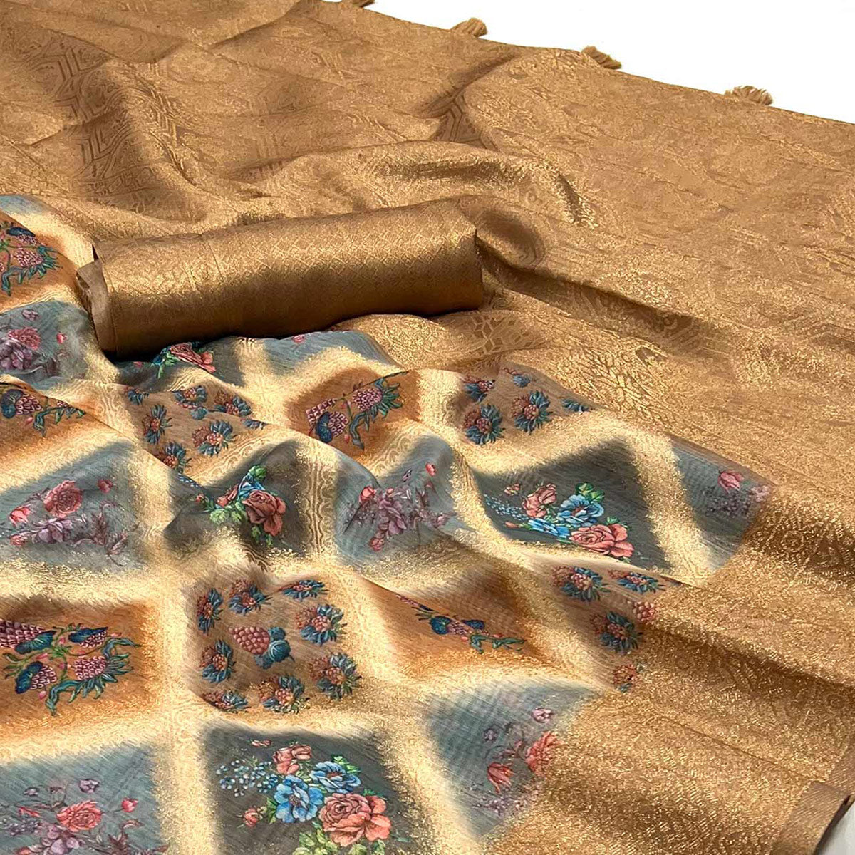 Brown Woven With Floral Digital Printed Cotton Saree