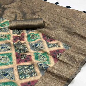 Grey Woven With Floral Digital Printed Cotton Saree