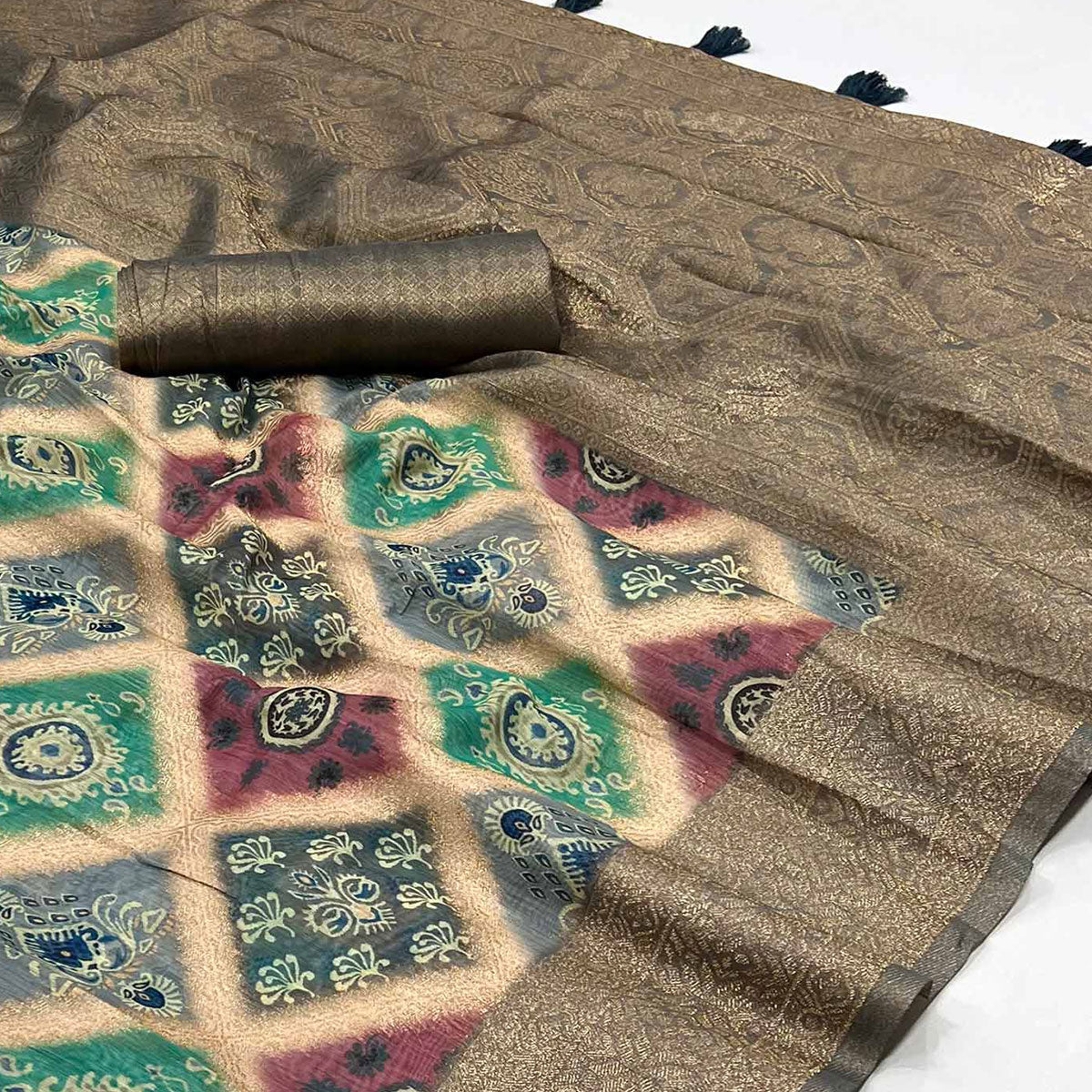 Grey Woven With Floral Digital Printed Cotton Saree