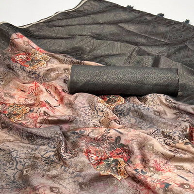 Grey Woven With Digital Printed Art Silk Saree