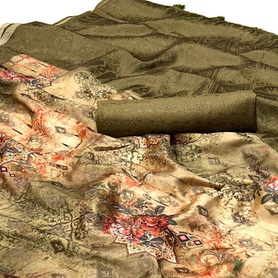 Mehendi Green Woven With Digital Printed Art Silk Saree