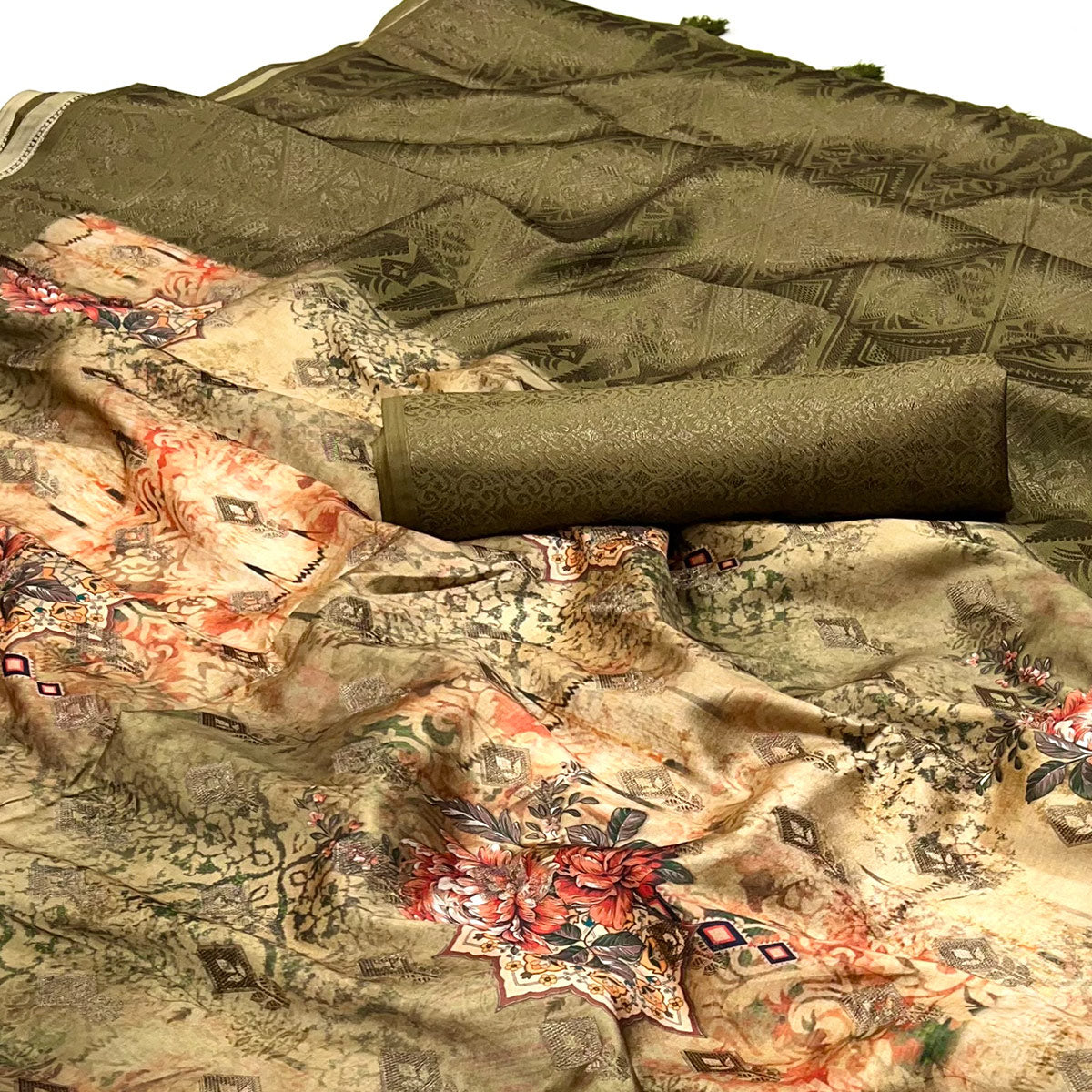 Mehendi Green Woven With Digital Printed Art Silk Saree