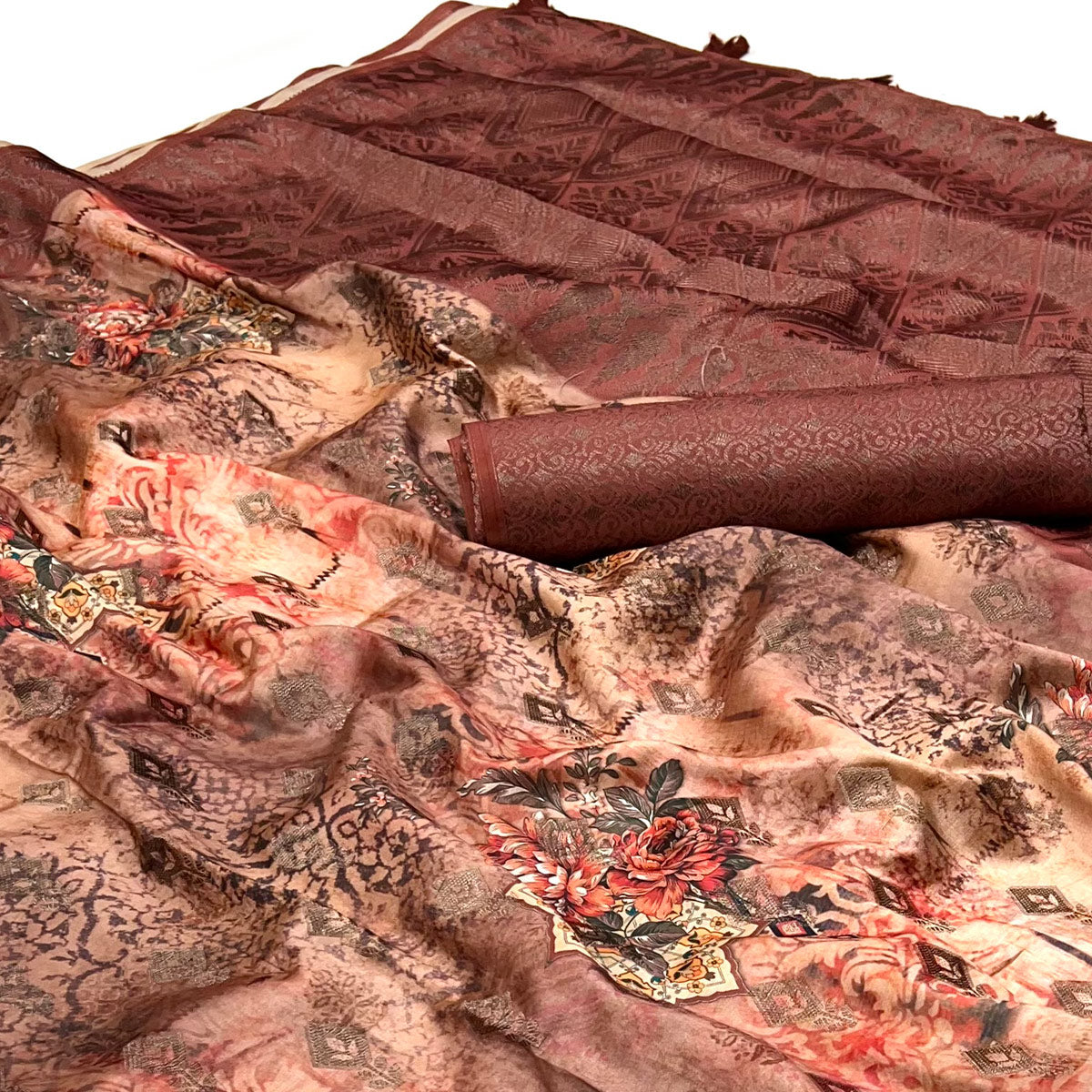 Brick Red Woven With Digital Printed Art Silk Saree