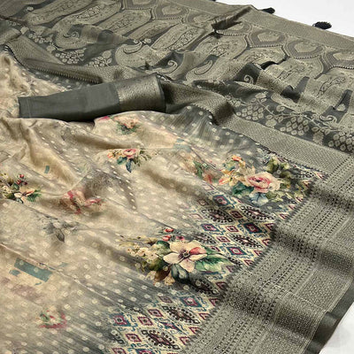 Grey Woven With Floral Digital Printed Georgette Saree