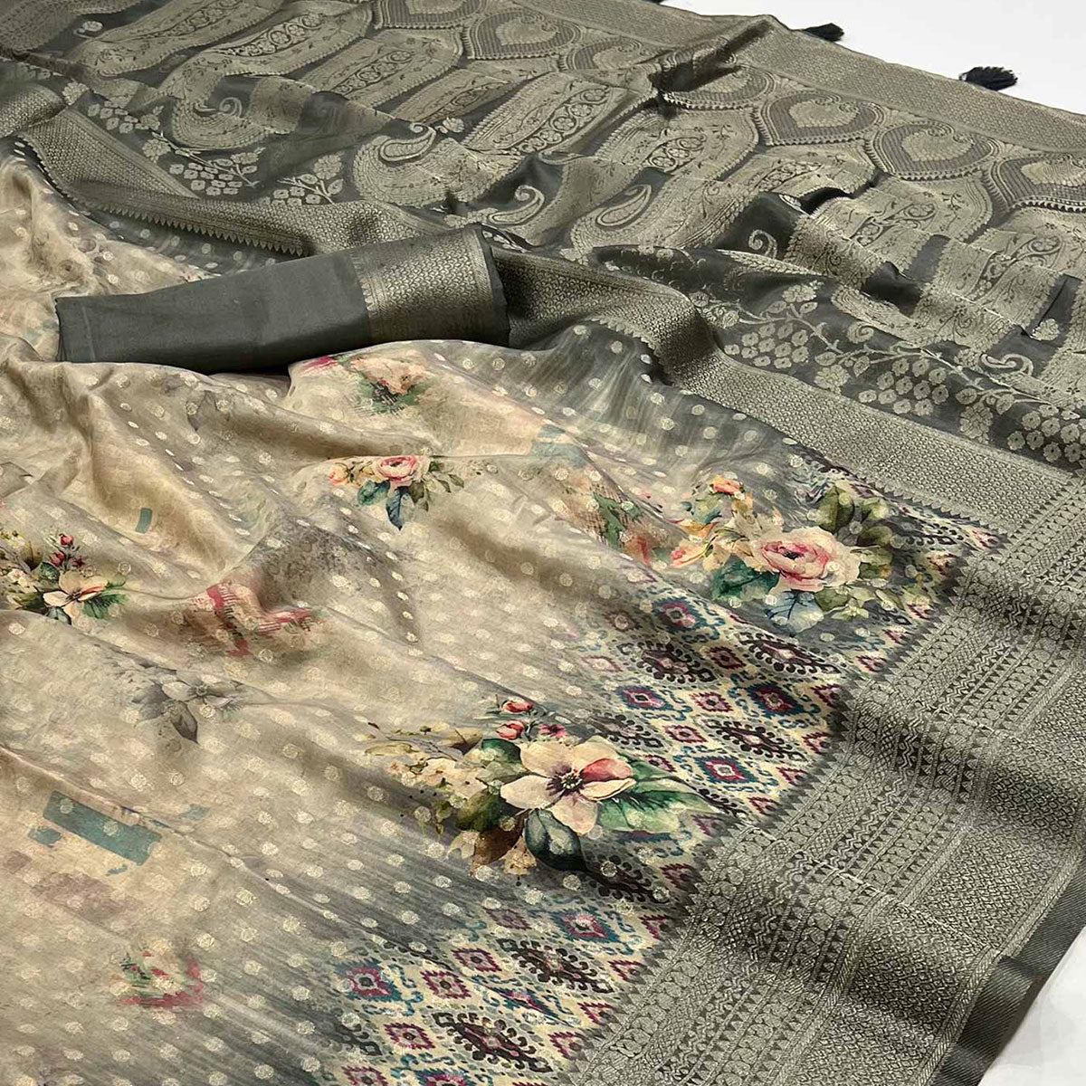 Grey Woven With Floral Digital Printed Georgette Saree