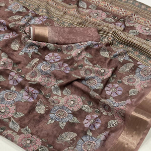 Brown Floral Digital Printed Moss Georgette Saree With Zari Border