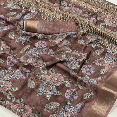 Brown Floral Digital Printed Moss Georgette Saree With Zari Border