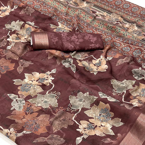 Brown Floral Digital Printed Moss Georgette Saree With Zari Border