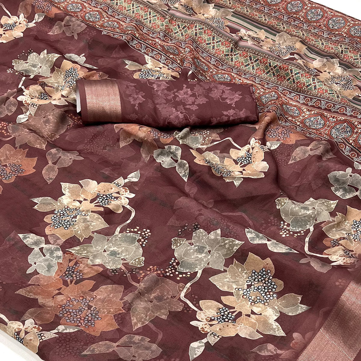 Brown Floral Digital Printed Moss Georgette Saree With Zari Border