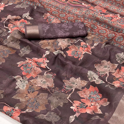 Coffee Brown Floral Digital Printed Moss Georgette Saree With Zari Border