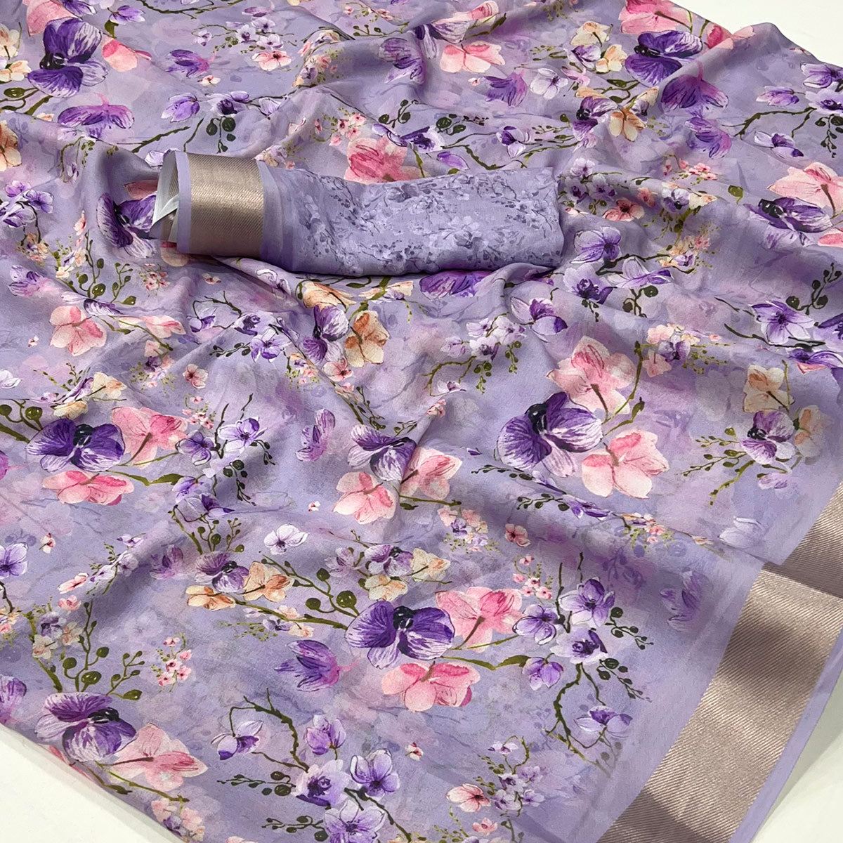 Light Purple Floral Digital Printed Moss Georgette Saree With Zari Border