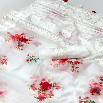 White Woven With Floral Digital Printed Cotton Blend Saree