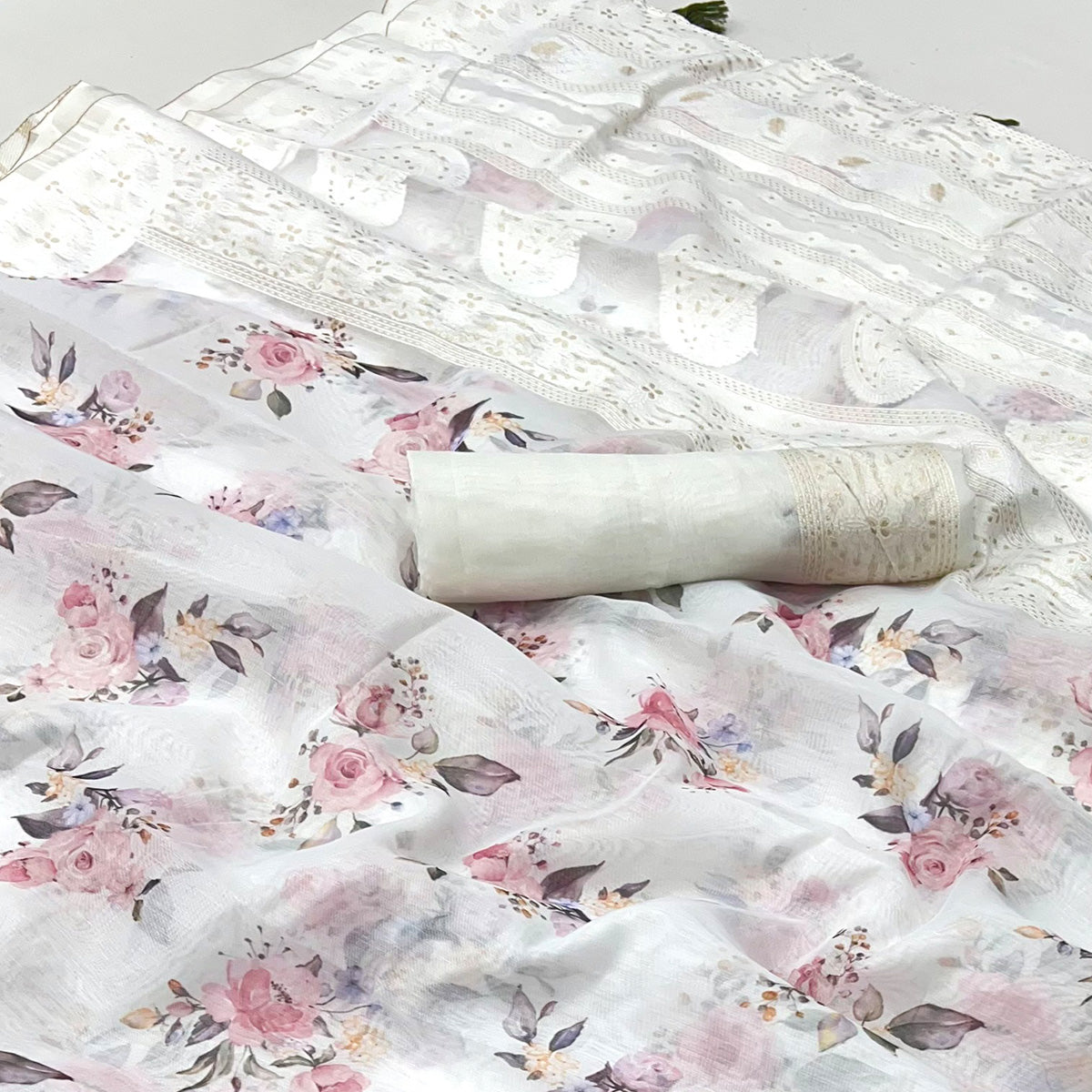 White Woven With Floral Digital Printed Cotton Blend Saree