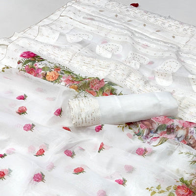 White Woven With Floral Digital Printed Cotton Blend Saree