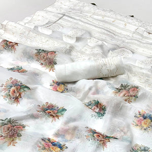 White Woven With Floral Digital Printed Cotton Blend Saree