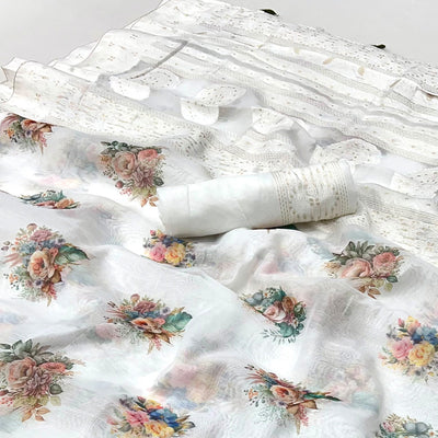White Woven With Floral Digital Printed Cotton Blend Saree