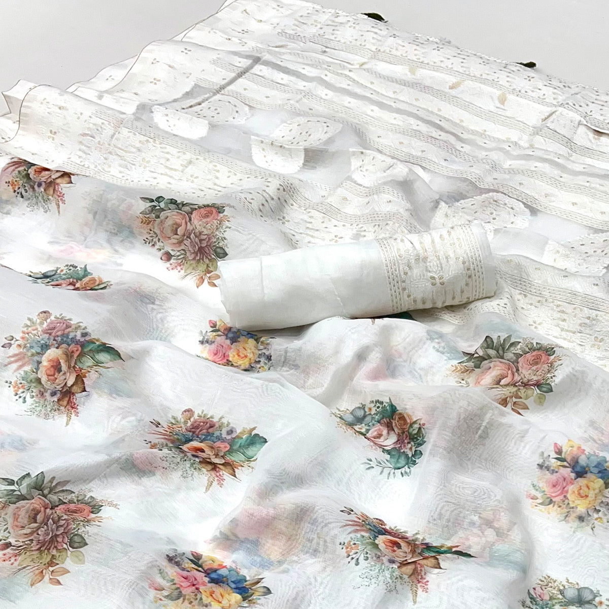 White Woven With Floral Digital Printed Cotton Blend Saree