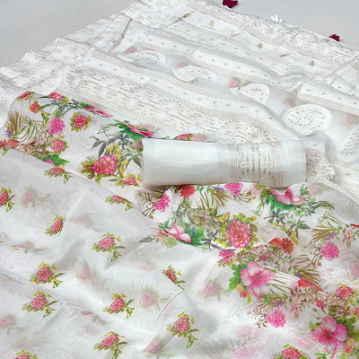 White Woven With Floral Digital Printed Cotton Blend Saree