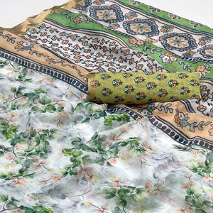 White & Green Floral Digital Printed Linen Saree With Zari Border