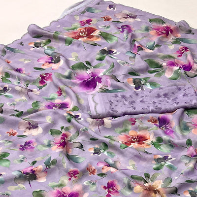 Light Purple Floral Digital Printed Georgette Saree With Stonework Border