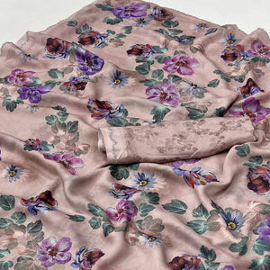 Dusty Peach Floral Digital Printed Georgette Saree With Stonework Border