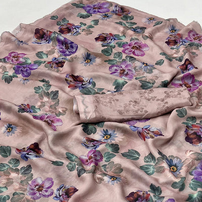 Dusty Peach Floral Digital Printed Georgette Saree With Stonework Border