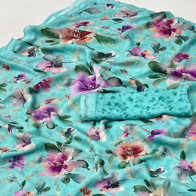 Turquoise Floral Digital Printed Georgette Saree With Stonework Border