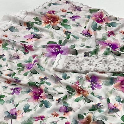 Offwhite Floral Digital Printed Georgette Saree With Stonework Border