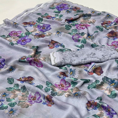 Greyish Blue Floral Digital Printed Georgette Saree With Stonework Border
