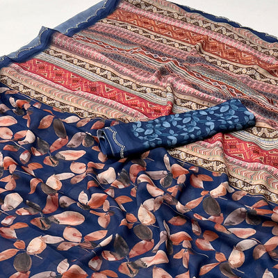 Navy Blue Floral Digital Printed Georgette Saree With Stonework Border
