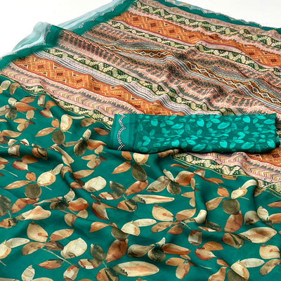 Rama Green Floral Digital Printed Georgette Saree With Stonework Border