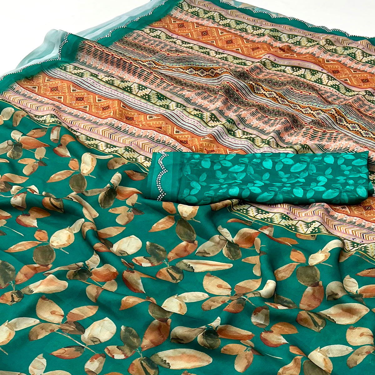 Rama Green Floral Digital Printed Georgette Saree With Stonework Border