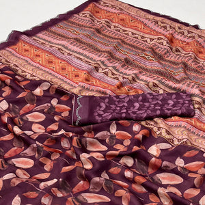 Wine Floral Digital Printed Georgette Saree With Stonework Border