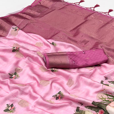 Pink Floral Woven With Digital Printed Satin Saree
