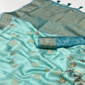 Turquoise Floral Woven With Digital Printed Satin Saree