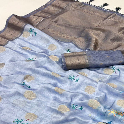 Light Lavender Floral Woven With Digital Printed Satin Saree