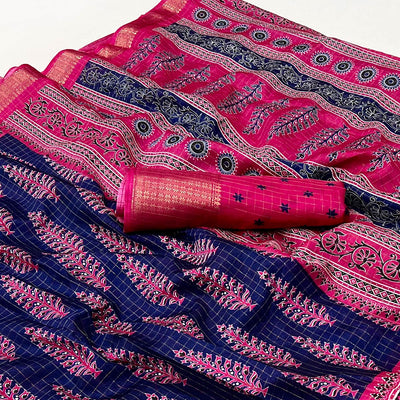 Navy Blue Zari Woven With Printed Dola Silk Saree