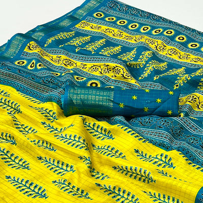 Lemon Yellow Zari Woven With Printed Dola Silk Saree
