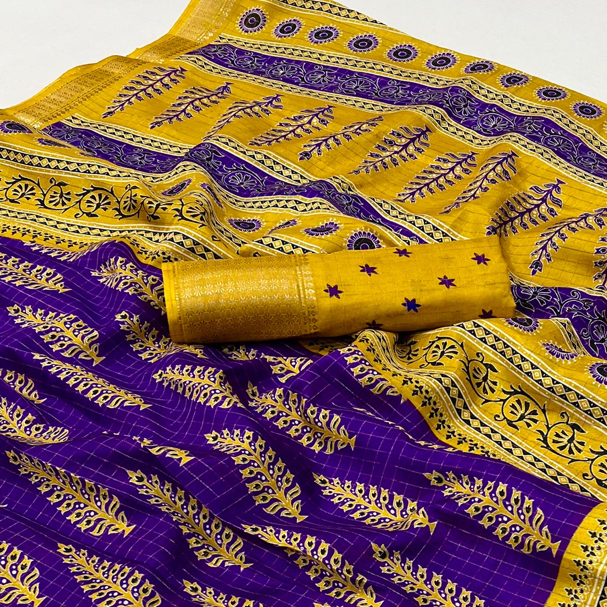 Purple Zari Woven With Printed Dola Silk Saree