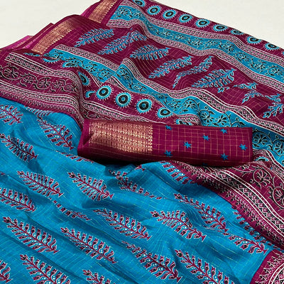 Blue Zari Woven With Printed Dola Silk Saree