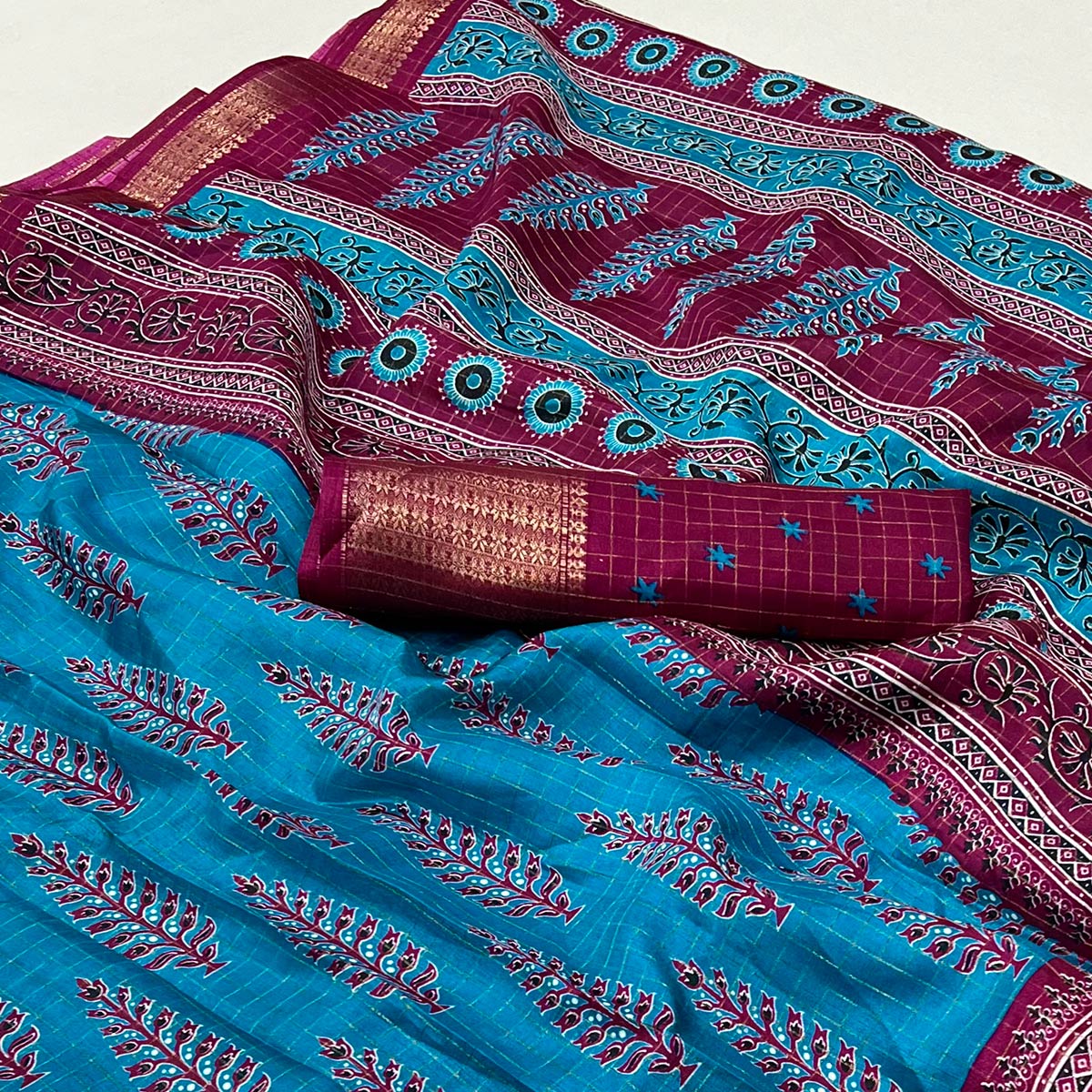 Blue Zari Woven With Printed Dola Silk Saree