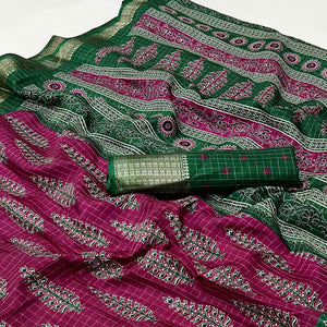Dark Magenta Zari Woven With Printed Dola Silk Saree
