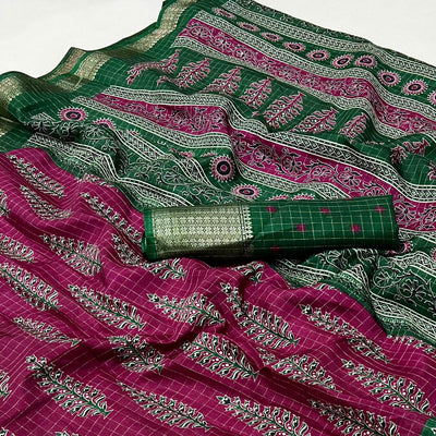 Dark Magenta Zari Woven With Printed Dola Silk Saree