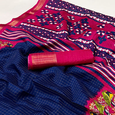 Navy Blue Zari Woven With Printed Dola Silk Saree
